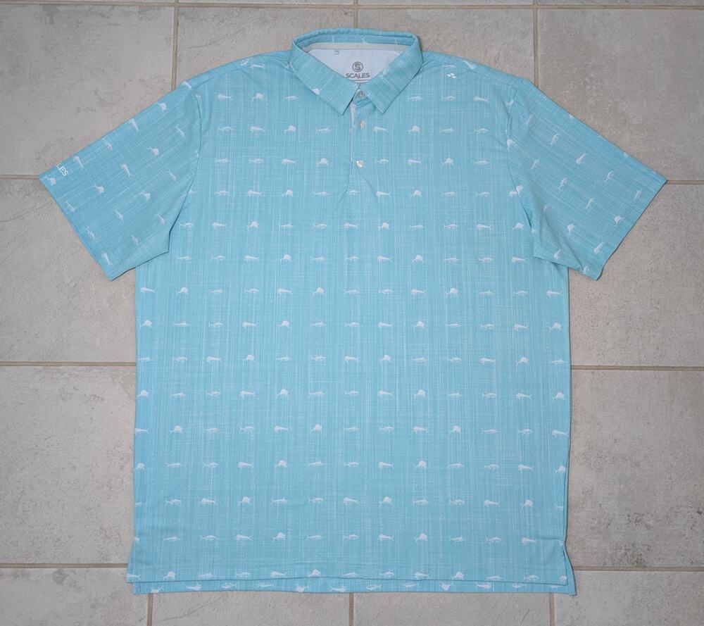 SCALES Men's XXL Fish Print Polo Golf Performance Shirt Blue Stretch